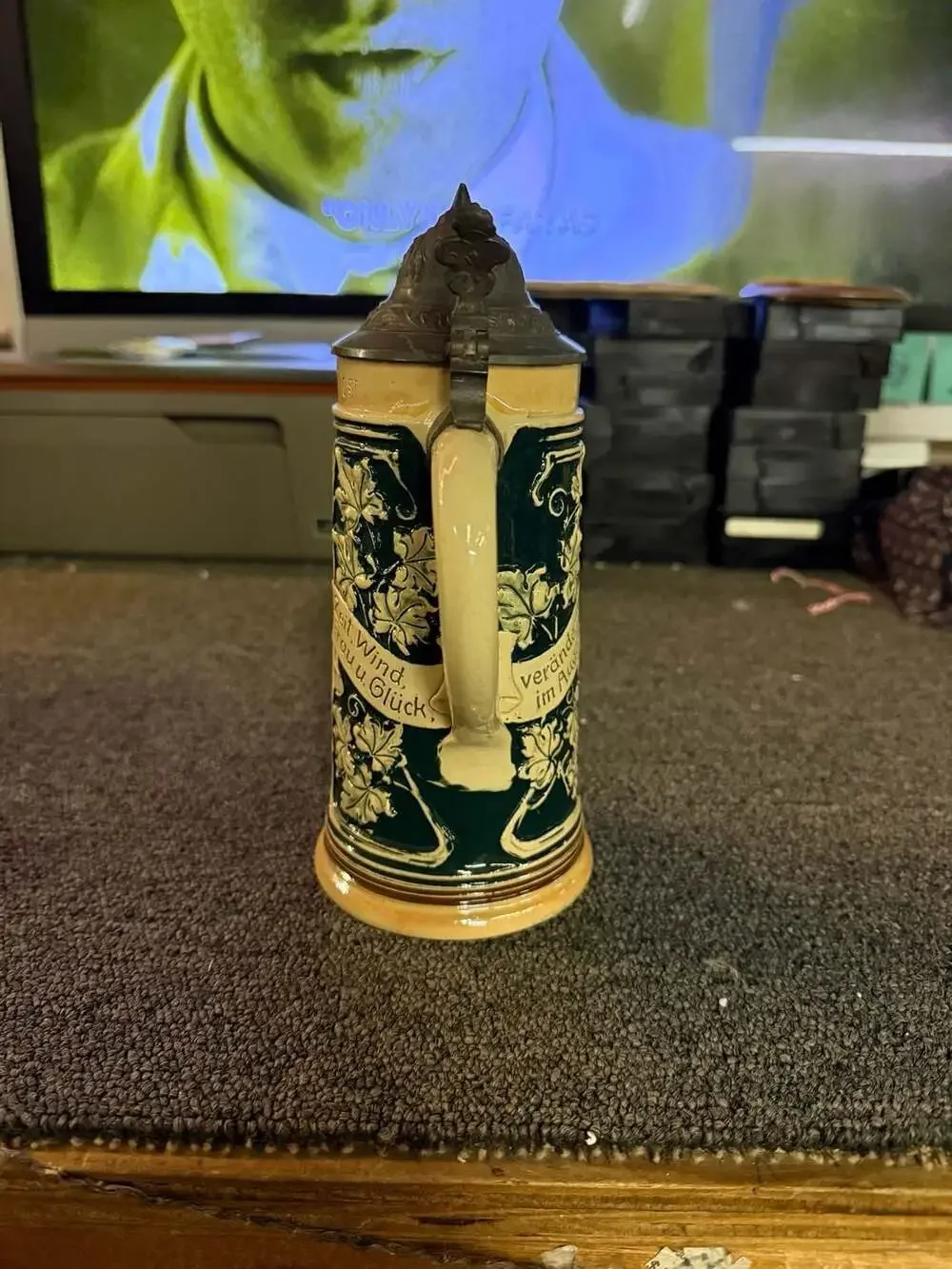 Vintage German 0.5L Stoneware Beer Stein with Pewter Lid featuring 'Die Fischeri